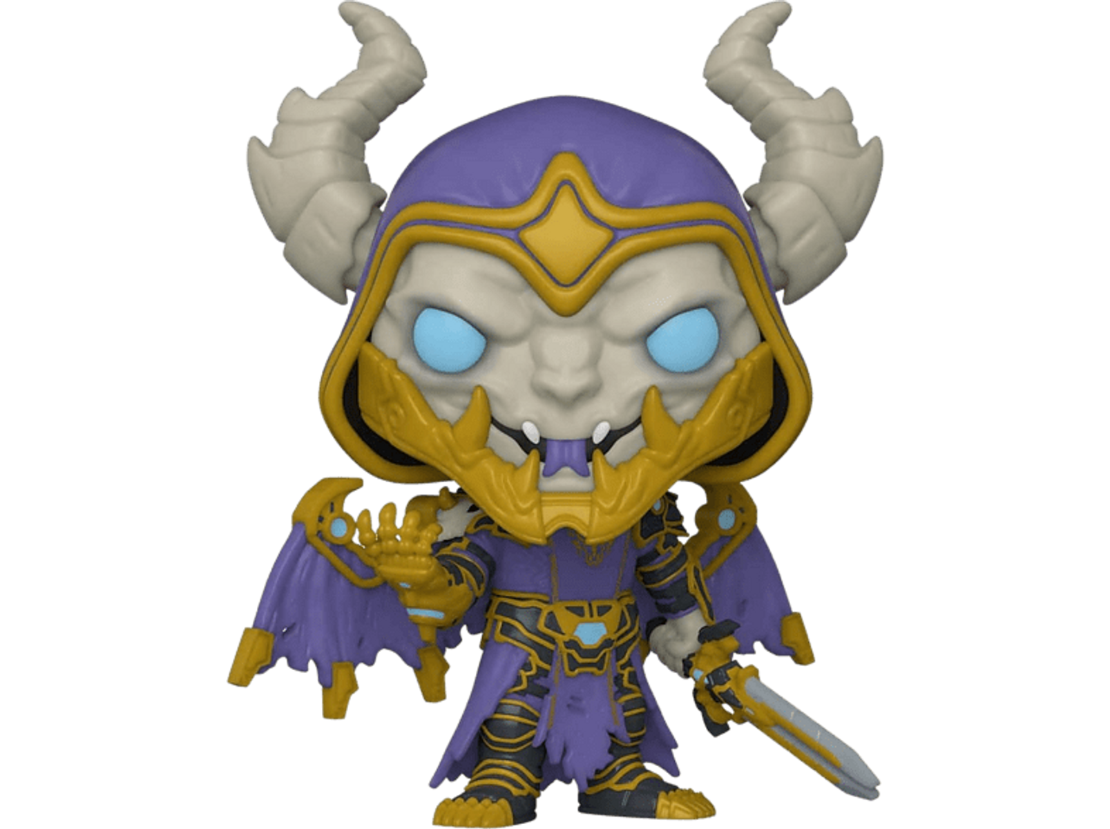 Funko Pop Figur eines Dämons mit Hörnern, blauen Augen, Rüstung und Schwert.