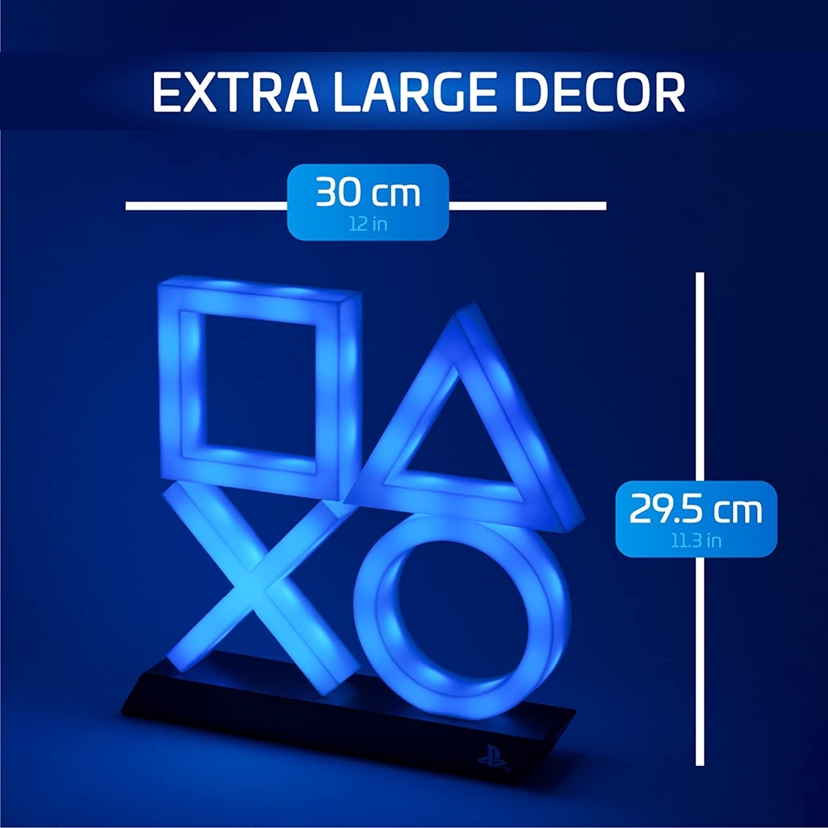 PlayStation-Symbol leuchtet. Extra große Dekoration. Blaues Licht.