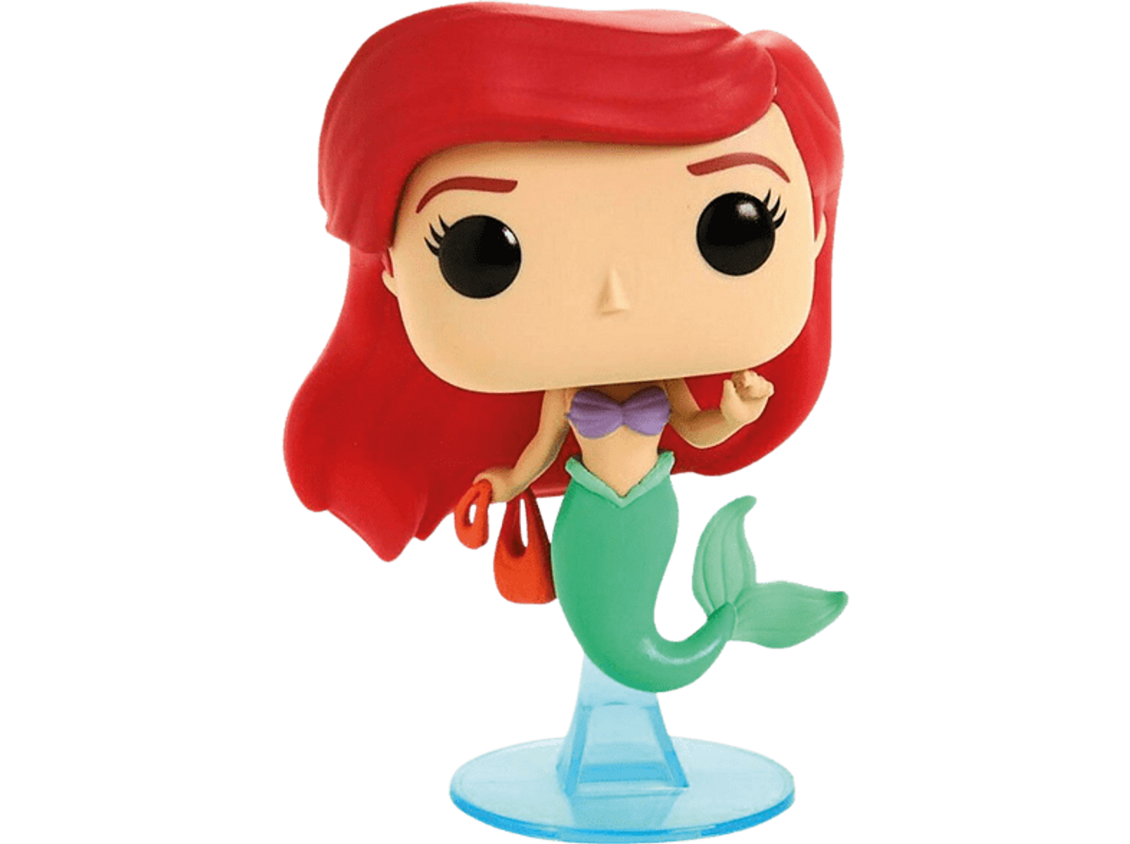 Figura Funko Pop di Ariel. Capelli rossi, coda verde, tiene una borsa.