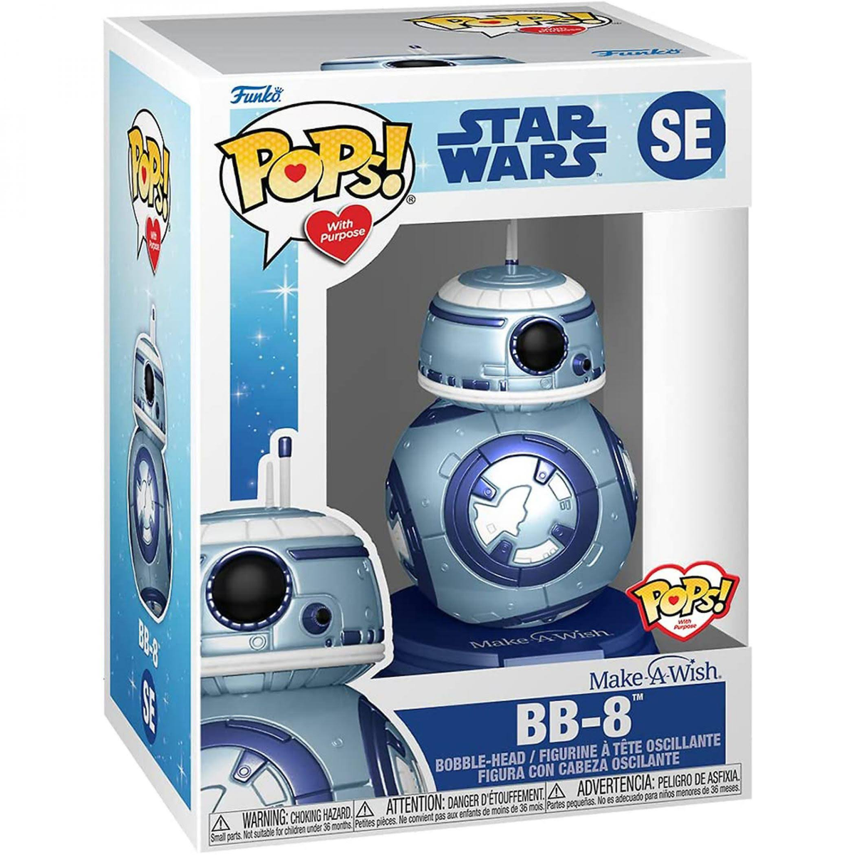 Figura BB-8 Star Wars Funko Pop in una scatola. La figura è blu e bianca, edizione Make-A-Wish.