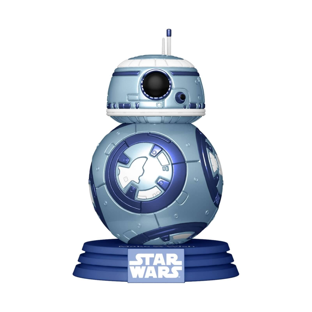 Statuetta blu di Star Wars BB-8 su base blu, sfondo bianco.