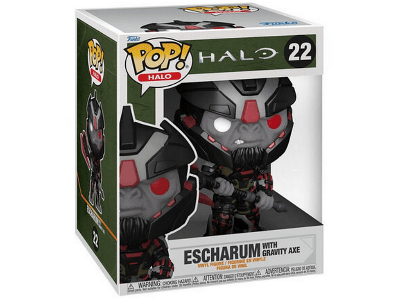 Una figura Funko Pop di un personaggio di Halo, Escharrum. È in una scatola con la figura visibile.