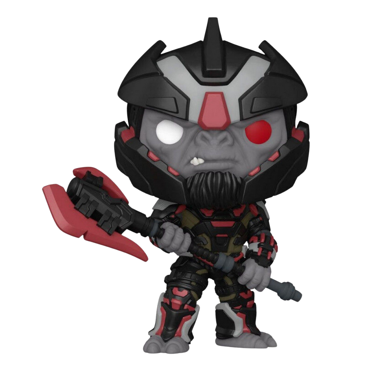 Funko Pop figure. Gorilla corazzato con un'ascia. Armatura nera e rossa.
