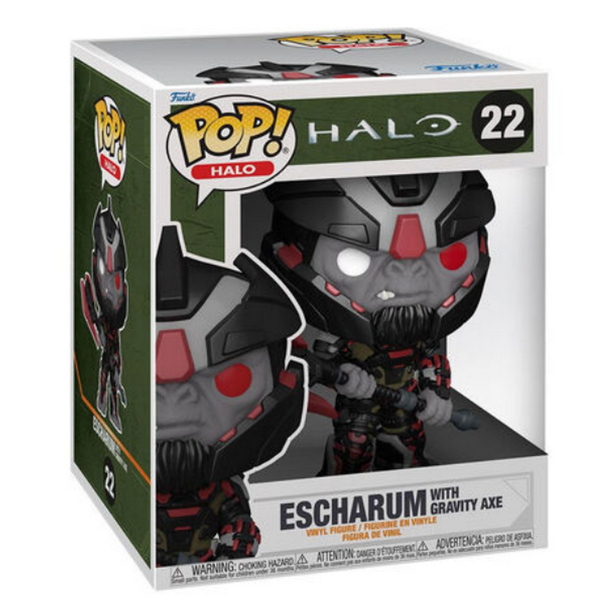Una scatola Funko Pop con una figura di Escharum di Halo. La figura è in posizione di battaglia.