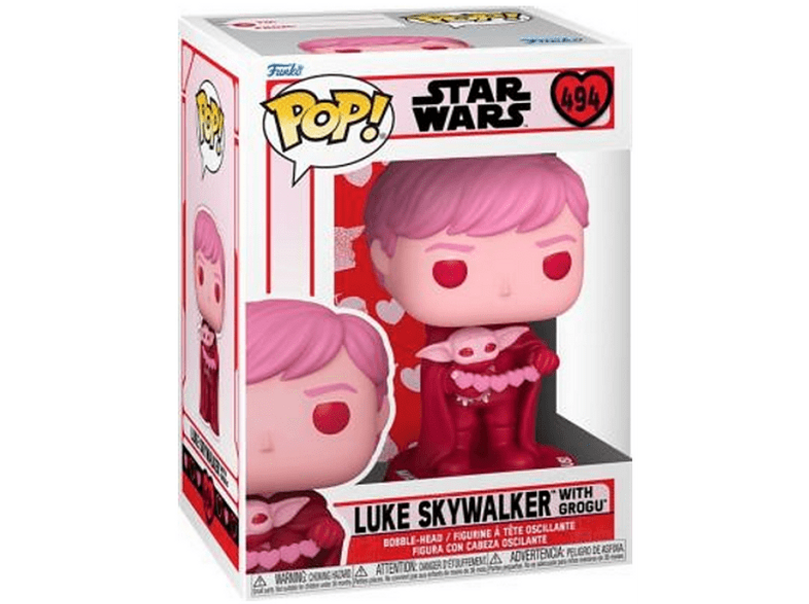Una figura Funko Pop de Luke Skywalker con Grogu, en una caja temática roja y rosa.
