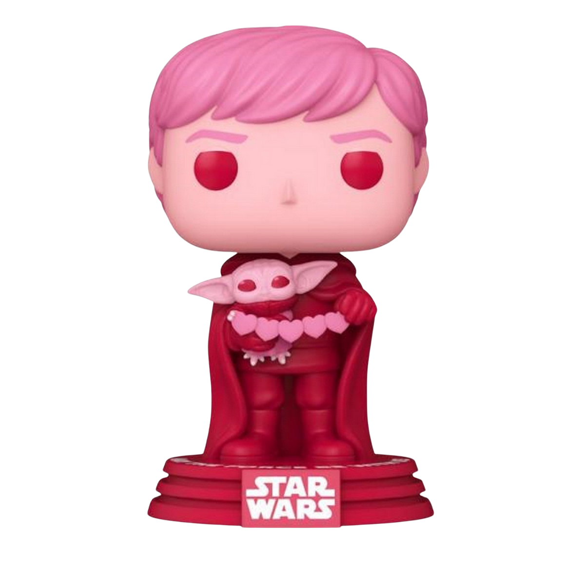 Una figura Funko Pop de un personaje de Star Wars sosteniendo a Grogu con corazones.