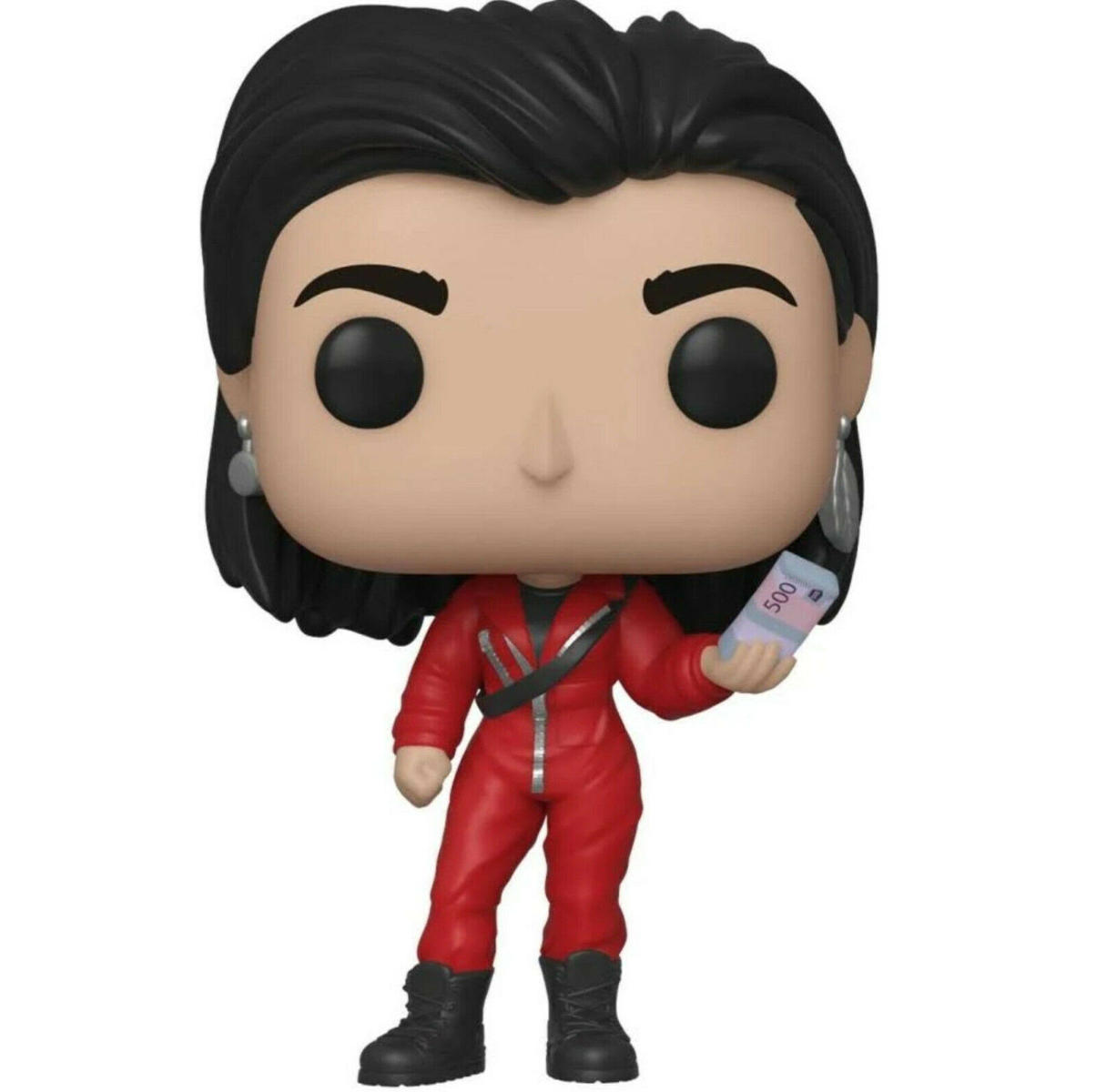 Funko Pop Figur von Tokyo aus Haus des Geldes. Sie trägt einen roten Overall und hält Geld.