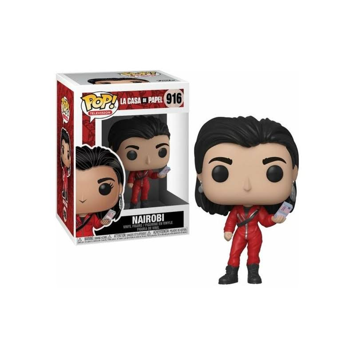 Funko Pop Figur von Nairobi aus La Casa De Papel, mit Box im Hintergrund.