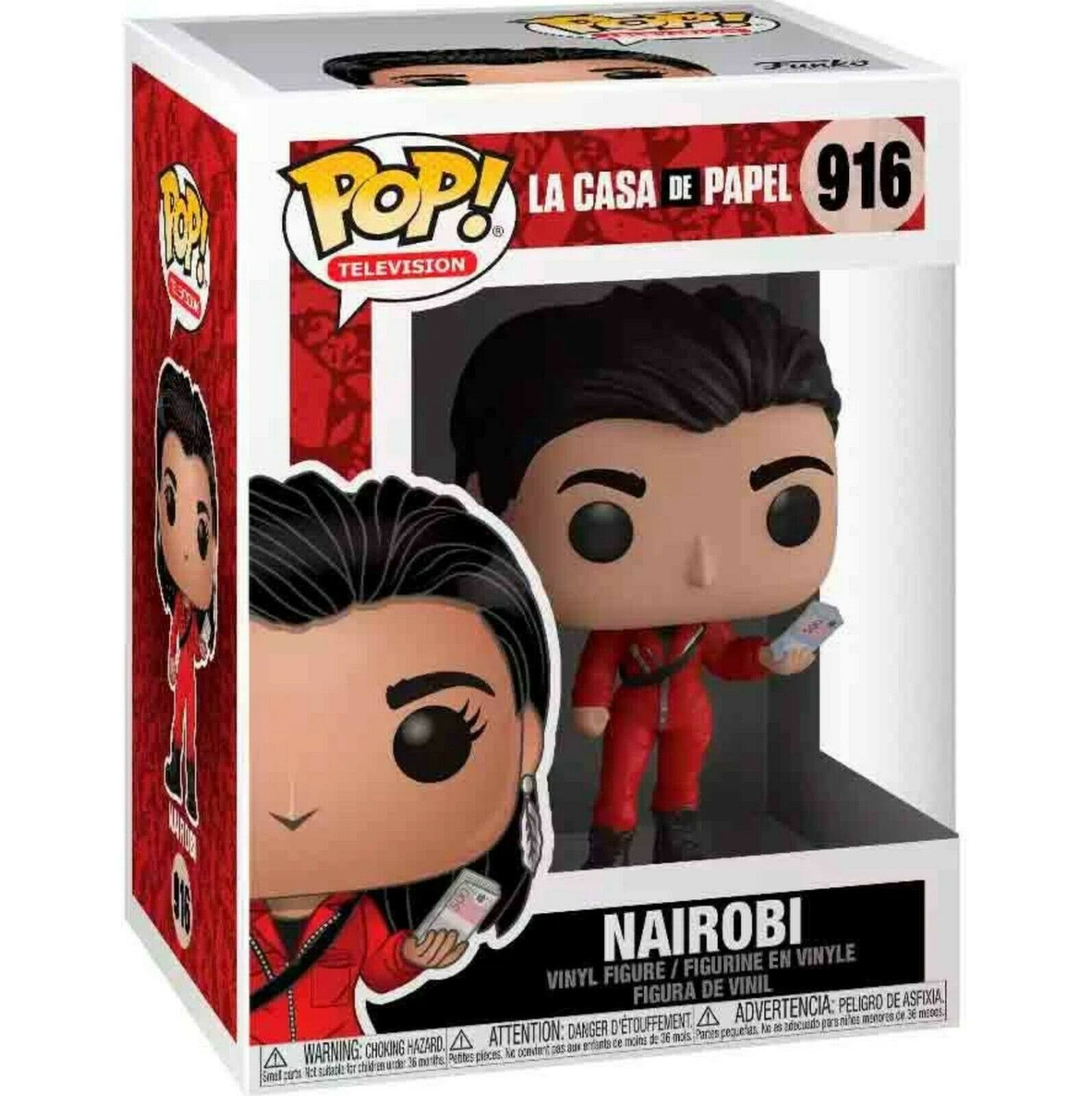 Funko Pop! La Casa De Papel Nairobi Figur in einer Box. Nairobi im roten Anzug hält Geld.