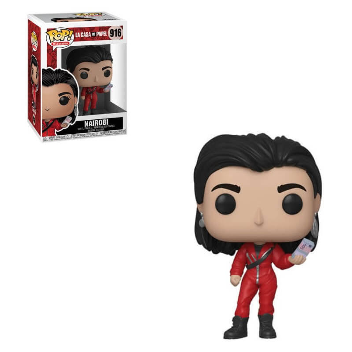 Eine Funko Pop Figur einer Frau in einem roten Overall, die Geld hält, mit Box.