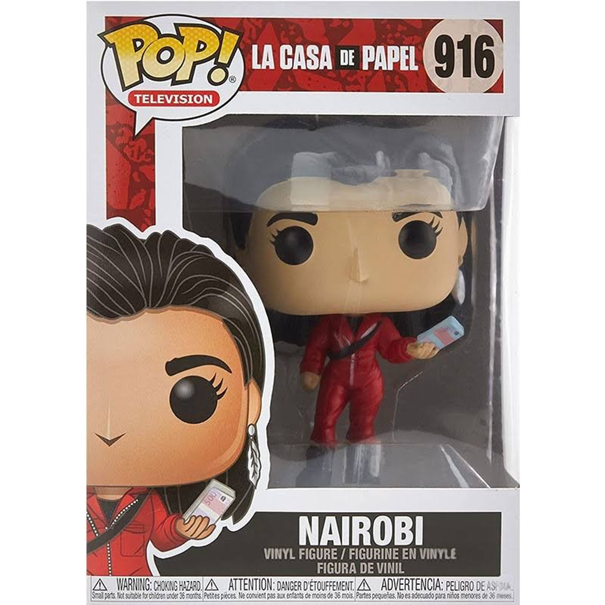 Eine Funko Pop Figur von Nairobi aus La Casa de Papel in der Box. Sie hält ein Telefon.