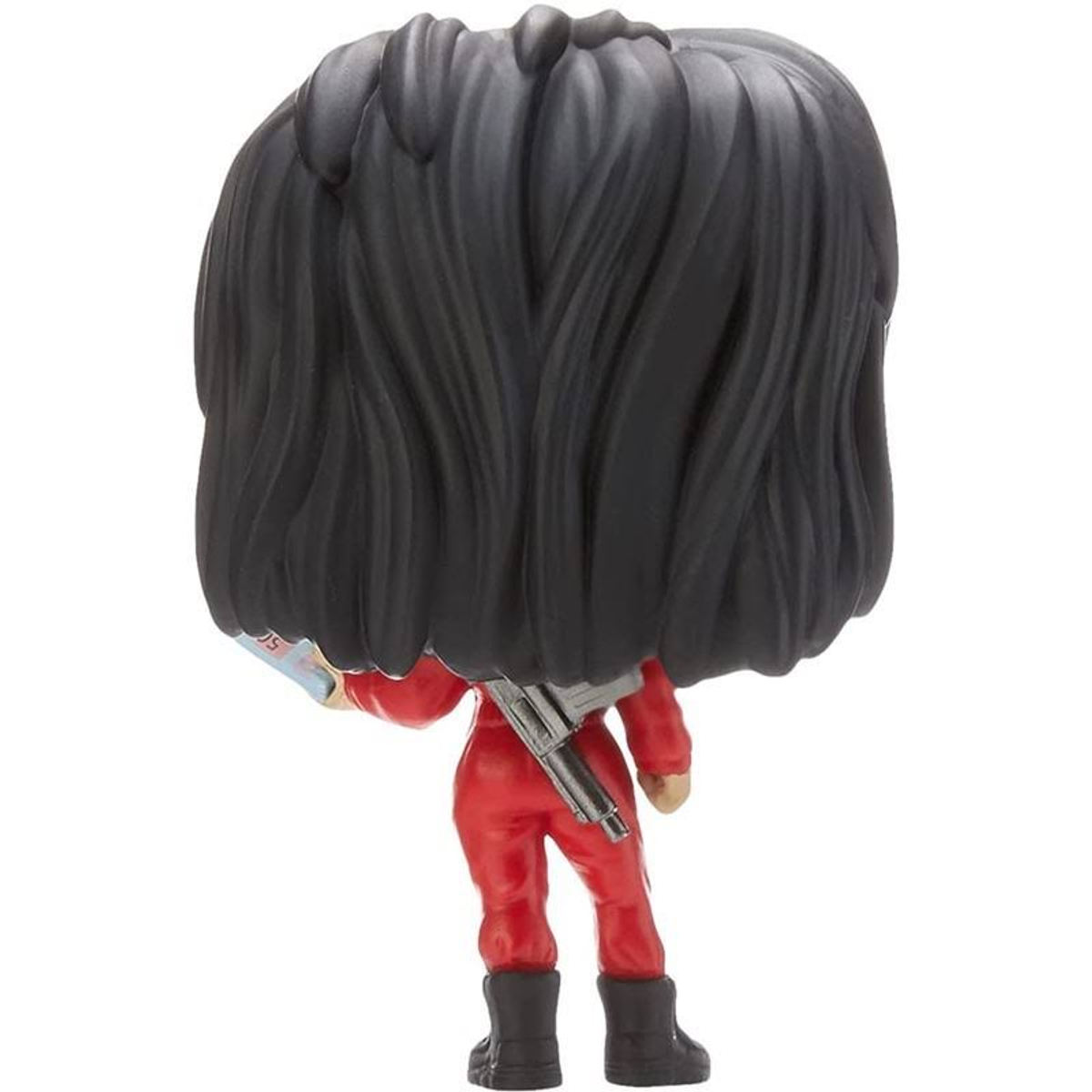 Rückansicht einer Wonder Woman Figur. Roter Anzug, schwarzes Haar. Silberne Pistole im Holster. Schwarze Stiefel.