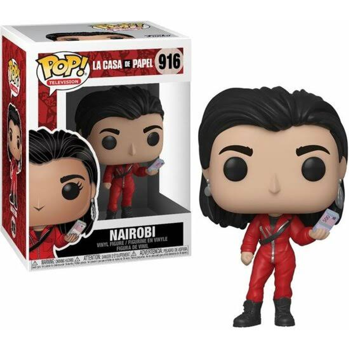 Figur von Nairobi, roter Overall, Geldschein haltend, Box mit Bild und Text.
