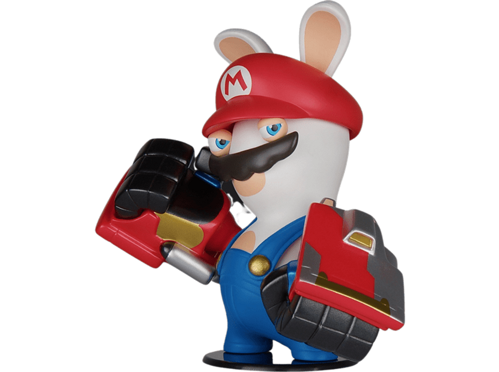 Mario Rabbid Figur in Pose, mit roter und blauer Ausrüstung an den Armen, schwarzer Hintergrund.