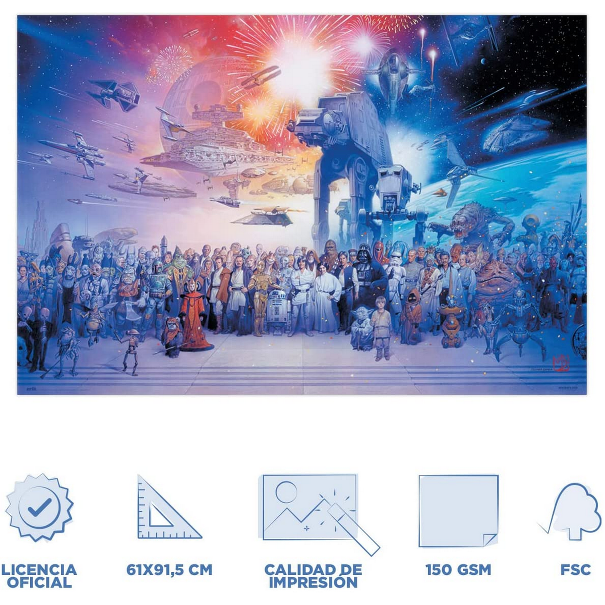 Póster de la película Star Wars con personajes y naves espaciales. Fondo multicolor detallado.