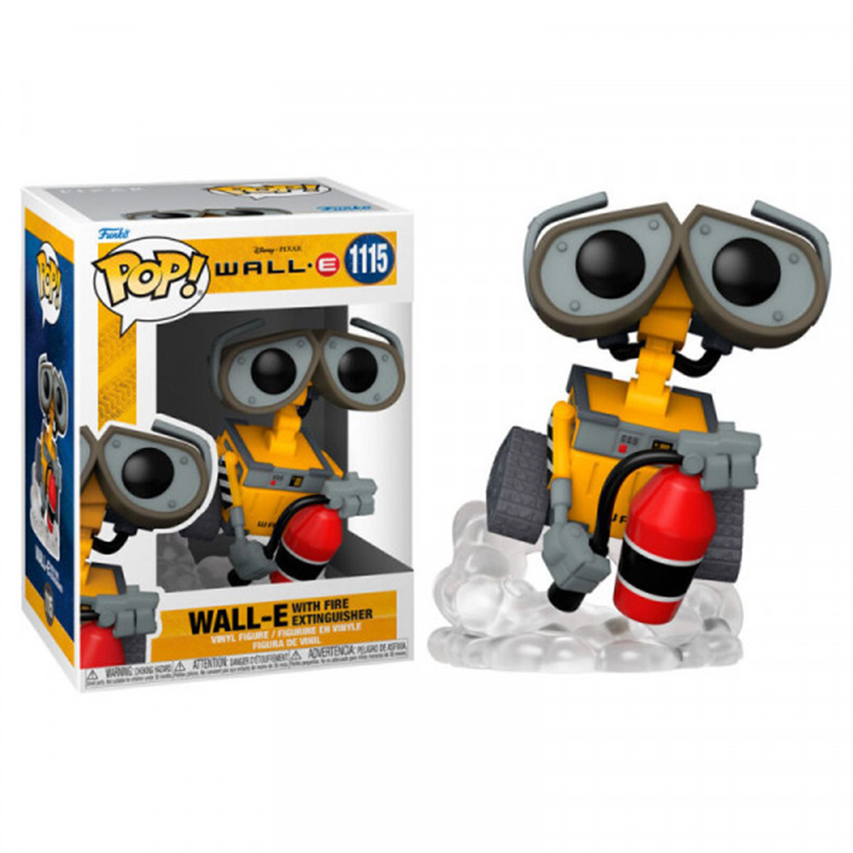 Un giocattolo di Wall-E in una scatola. Ha un estintore rosso.