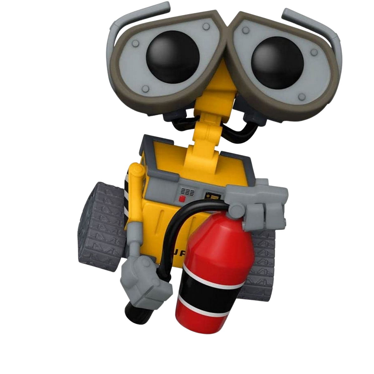Robot Wall-E giallo con estintore rosso. Sfondo nero.