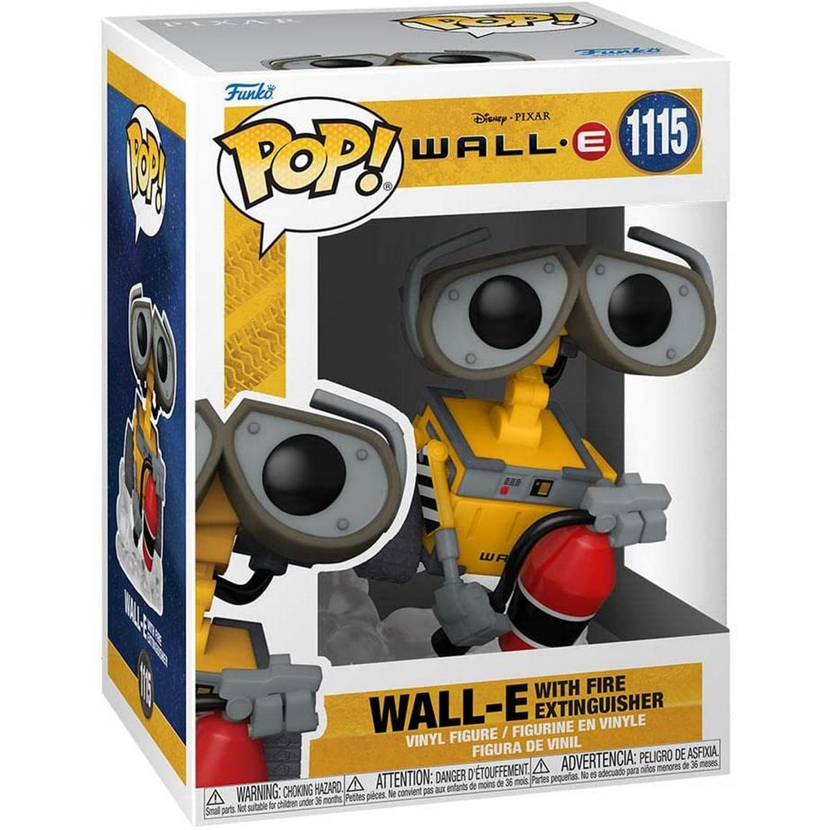 Figura di WALL-E in scatola, robot giallo, che tiene un estintore, sfondo bianco.