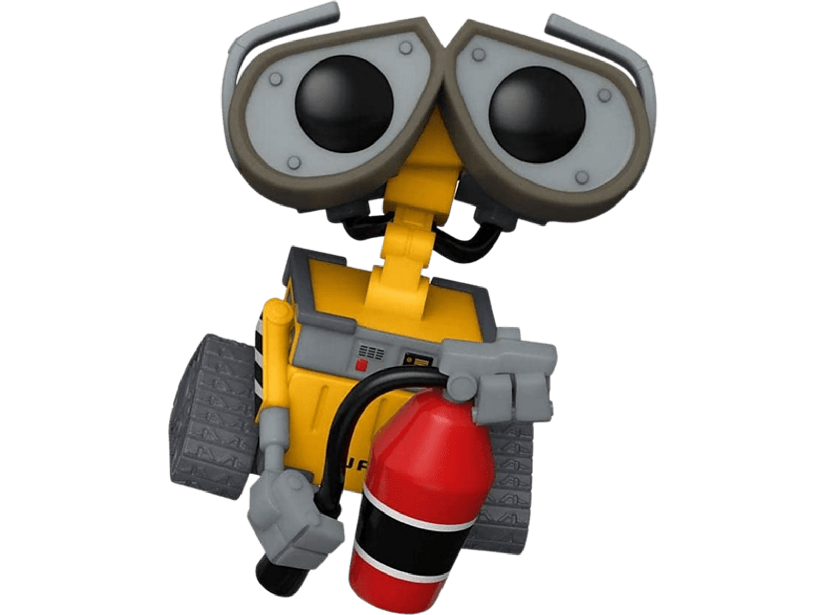 Giocattolo robot WALL-E giallo con estintore rosso, su sfondo nero.