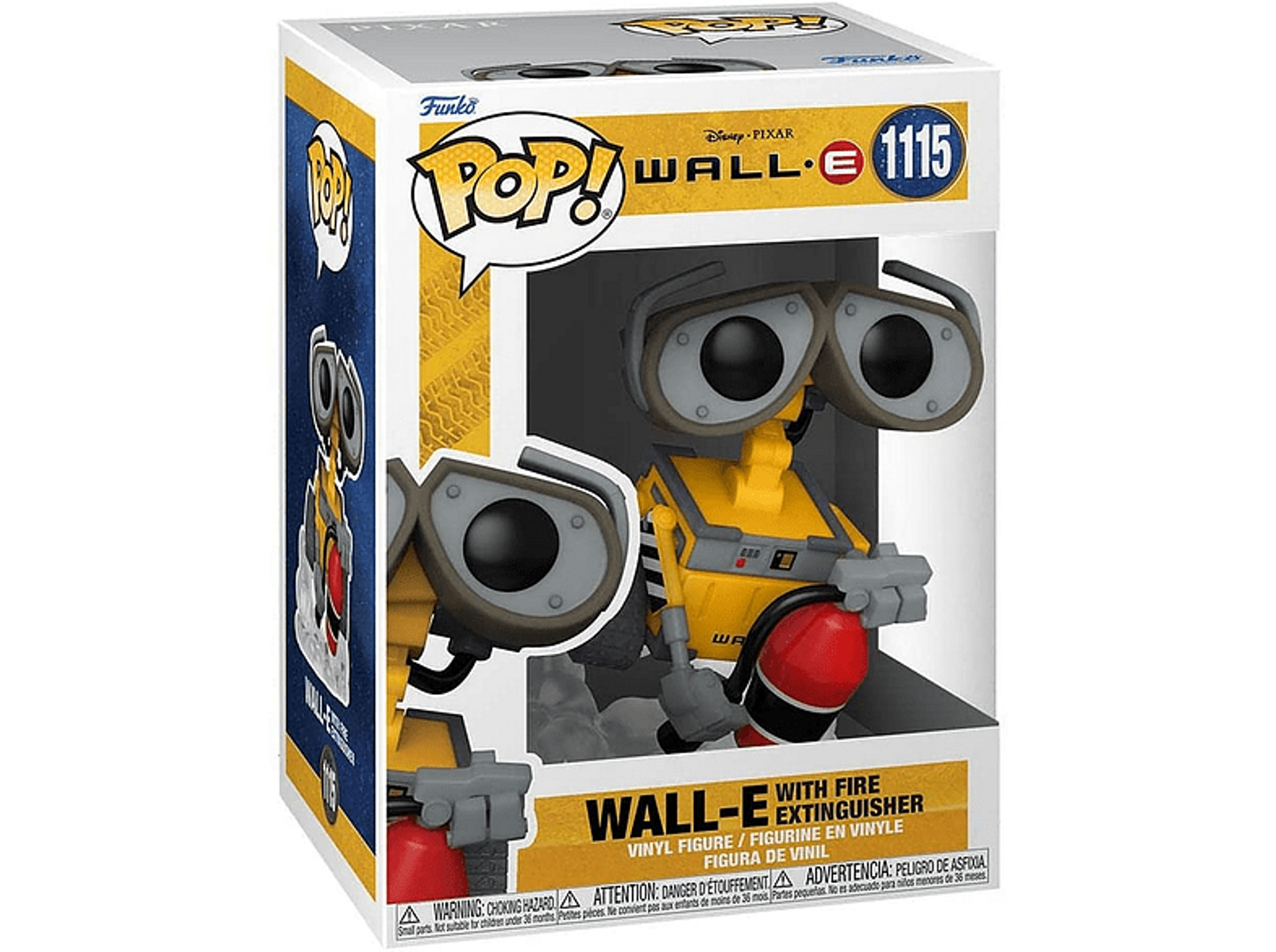 Una statuetta di Wall-E Funko Pop in una scatola con un estintore.
