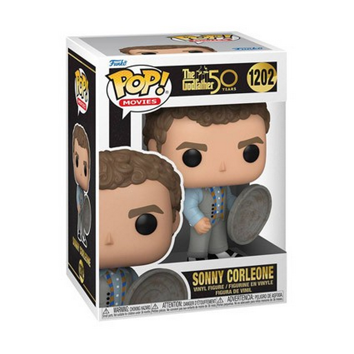 Figurka Funko Pop Sonny Corleone w pudełku. Figurka trzyma talerz. Brązowe włosy i niebieska kamizelka.