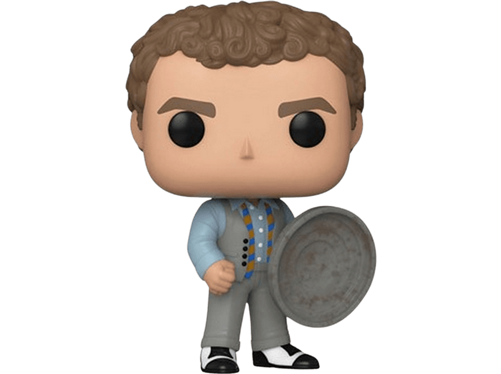 Figurka Funko Pop mężczyzny w kamizelce i szarych spodniach trzymającego talerz.