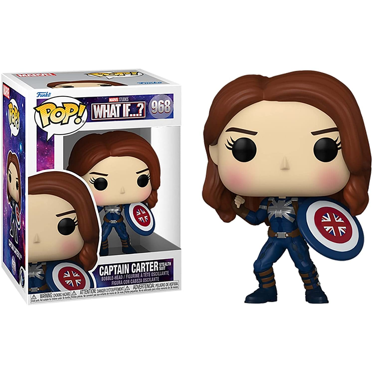 Funko Pop di Captain Carter da What If...?, con scudo e scatola.