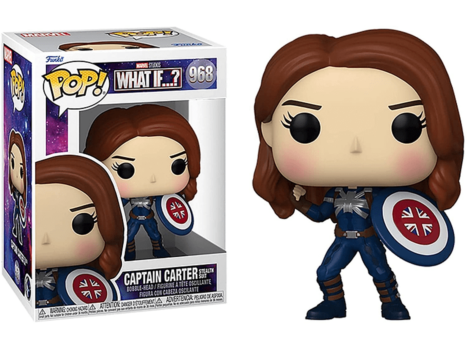 Action figure di Captain Carter in scatola. Figura tiene uno scudo.
