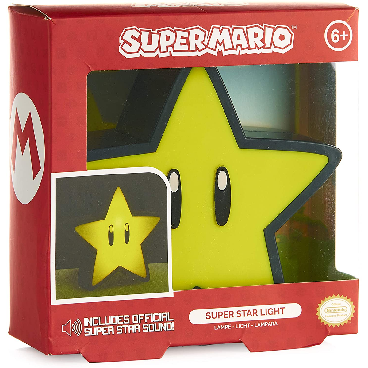 Światło w kształcie gwiazdy Super Mario w czerwonym pudełku. Gwiazda jest żółta z czarnymi oczami i ustami.