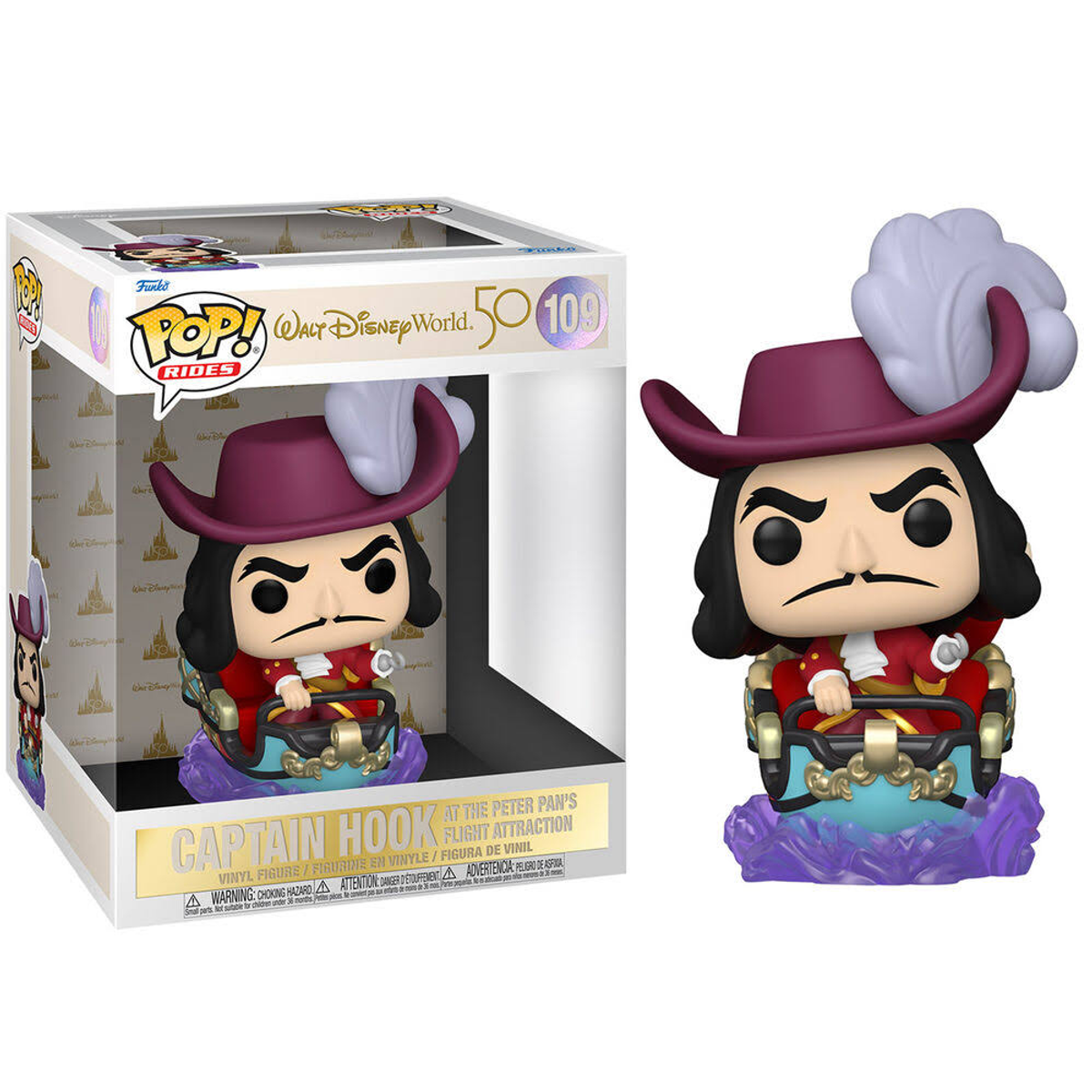 Funko Pop of Captain Hook in a carriage, with box.