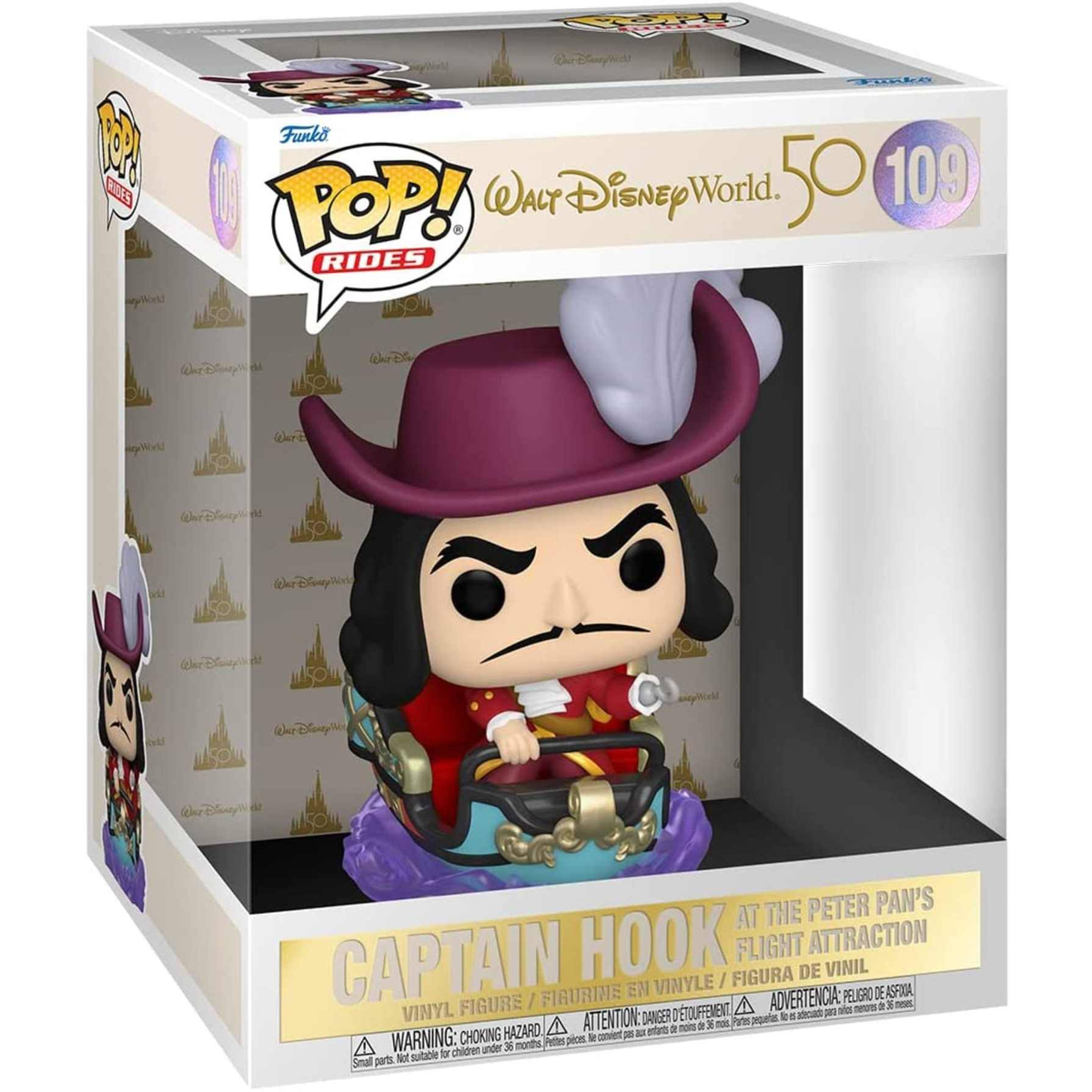 Funko Pop of Captain Hook in a ride vehicle, in a display box.