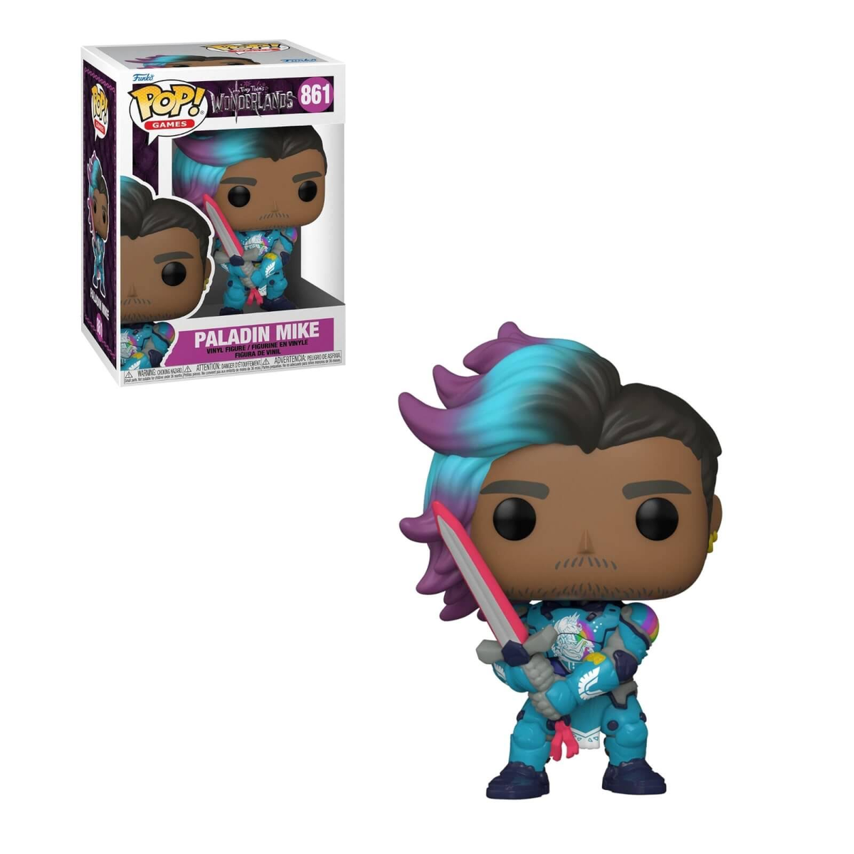 Figura Funko Pop di Paladin Mike da Borderlands, con una spada, in una scatola.