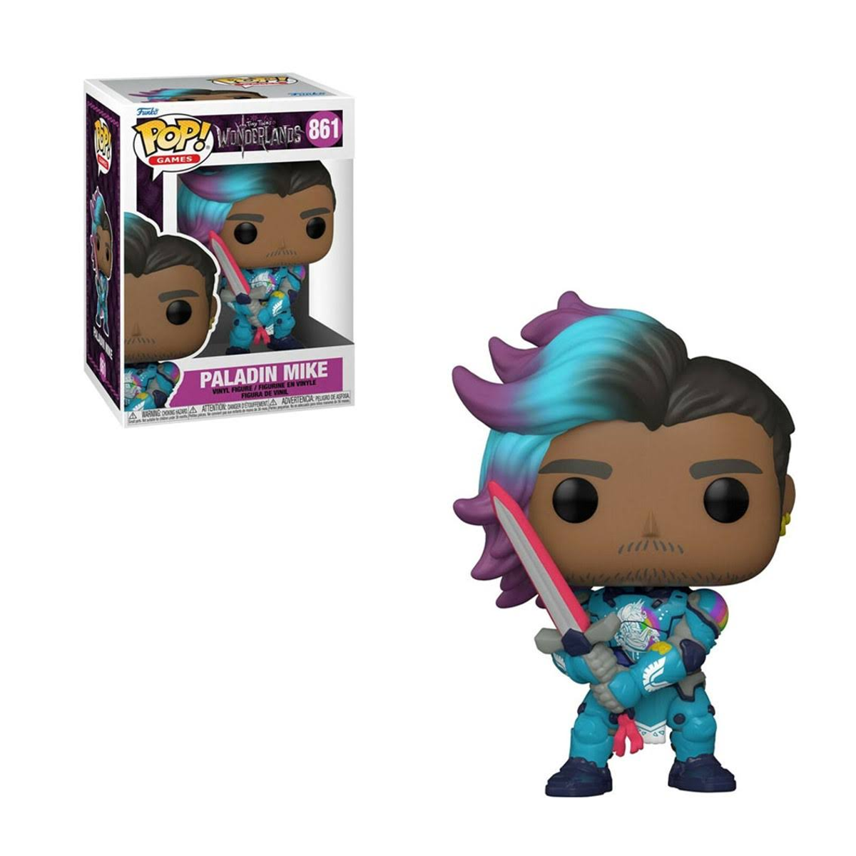 Funko Pop di un uomo in armatura con una spada, con una scatola con la figura.