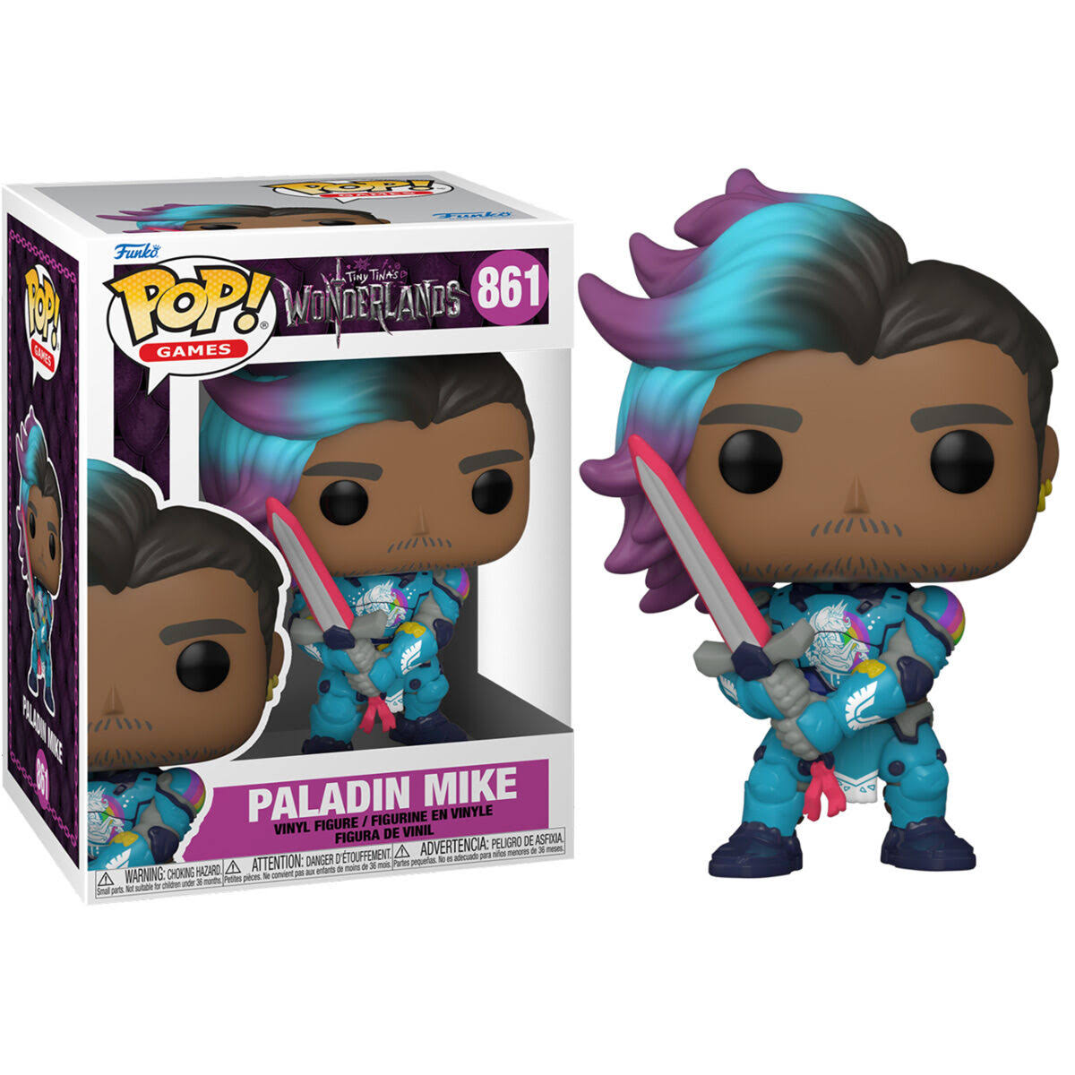 Una figura Funko Pop di Paladin Mike in una scatola, con una figura che tiene una spada, in armatura blu.