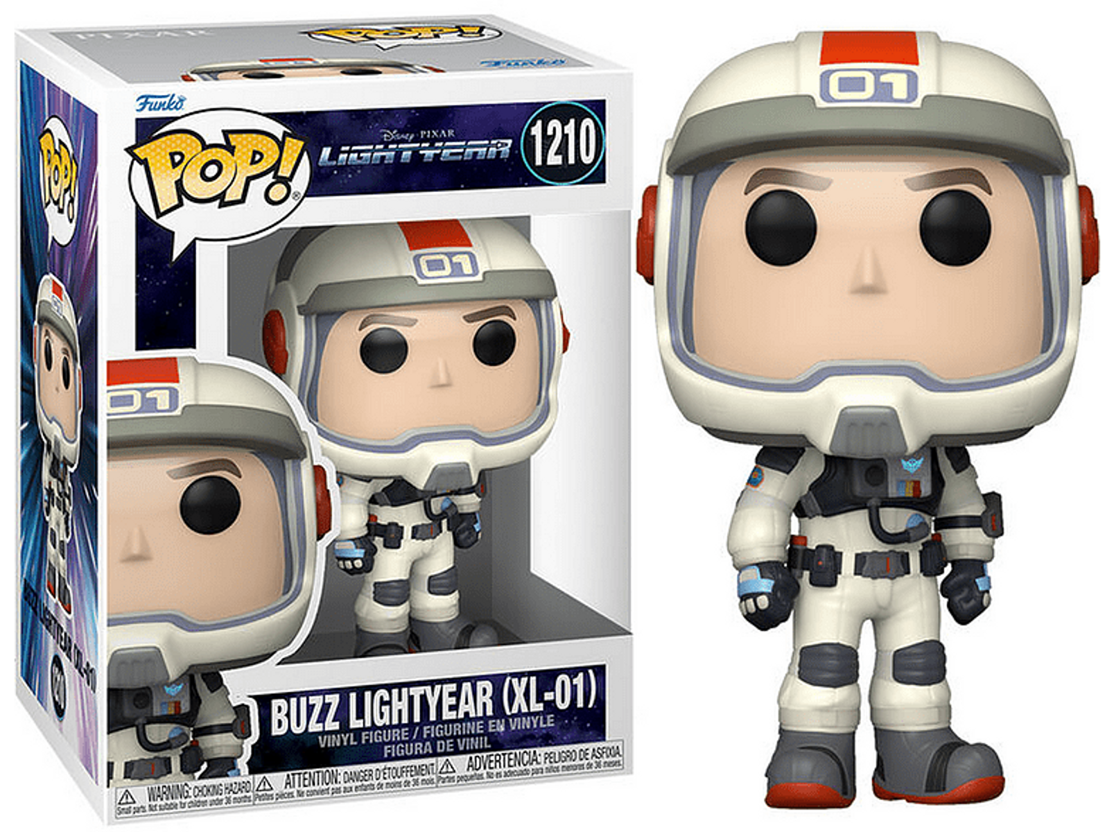 Figura Funko Pop de Buzz Lightyear en una caja. Lleva un traje espacial.