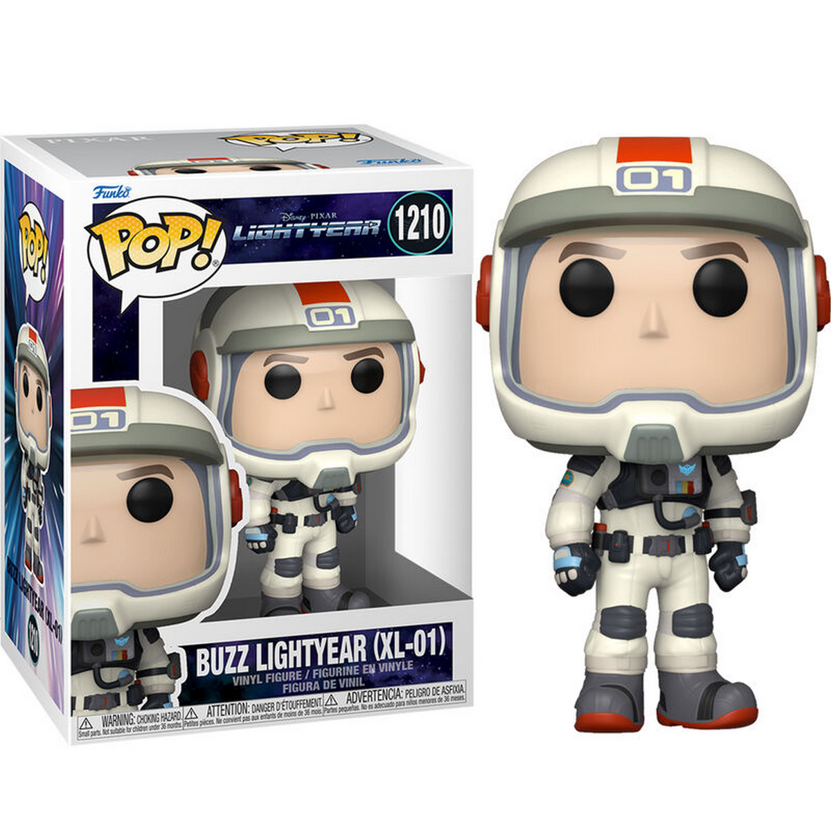 Figura de acción de Buzz Lightyear en caja. La figura es blanca con detalles rojos y verdes. La caja muestra la figura.