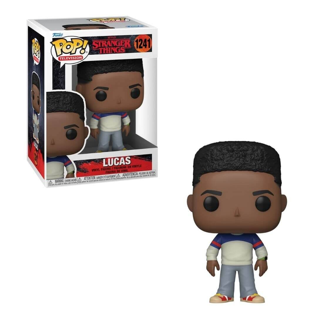 Stranger Things Lucas Funko Pop Figur in und außerhalb der Box. Er hat eine Afro-Frisur und gelbe Schuhe.