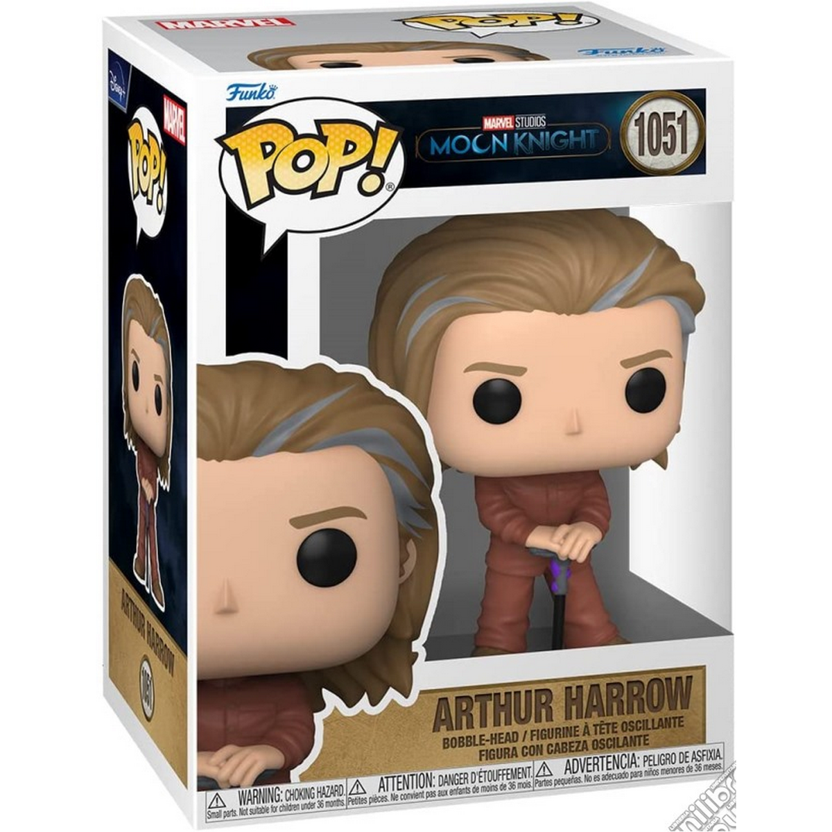 Figura Funko Pop in una scatola, raffigurante un uomo in abito rosso.