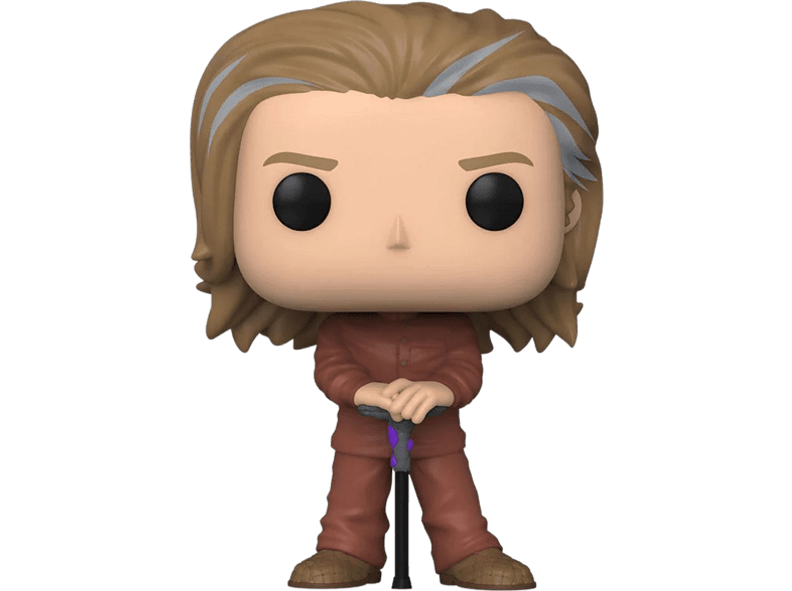 Una figura Funko Pop di un uomo in tuta rossa che tiene un bastone. La figura ha i capelli castano chiaro.