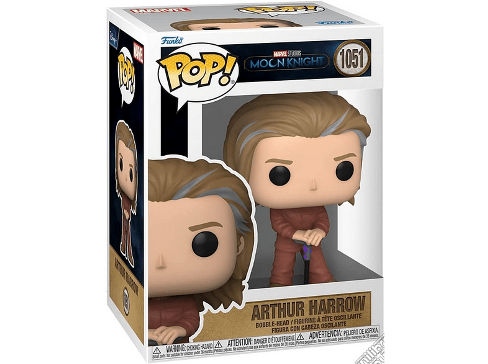 Scatola Funko Pop di Arthur Harrow. Figura all'interno, con tuta rossa, grafica.