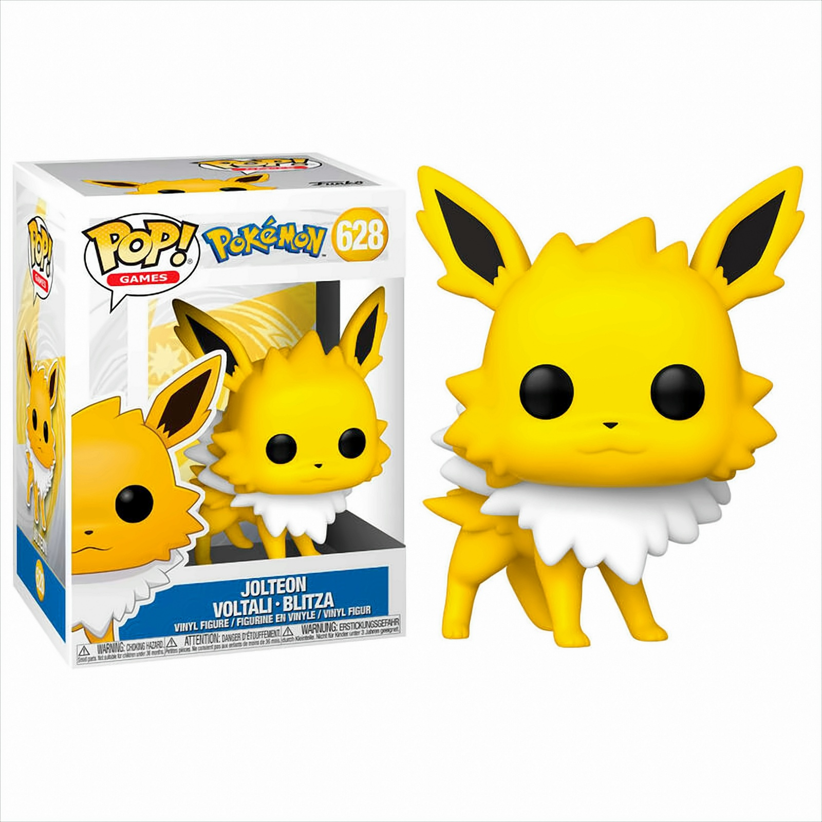 Una figura de Jolteon amarillo con su caja. Pokémon.