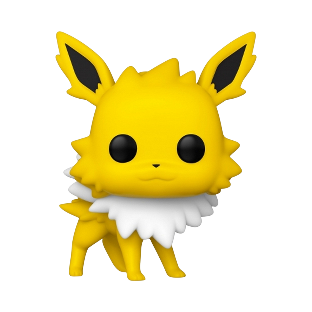Una figura Funko Pop de Jolteon, un Pokémon amarillo con ojos negros y detalles blancos, de pie sobre una superficie blanca.
