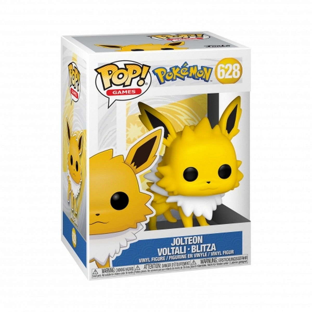Figura Funko Pop de Jolteon en su caja original, blanco y amarillo, con logo y texto.