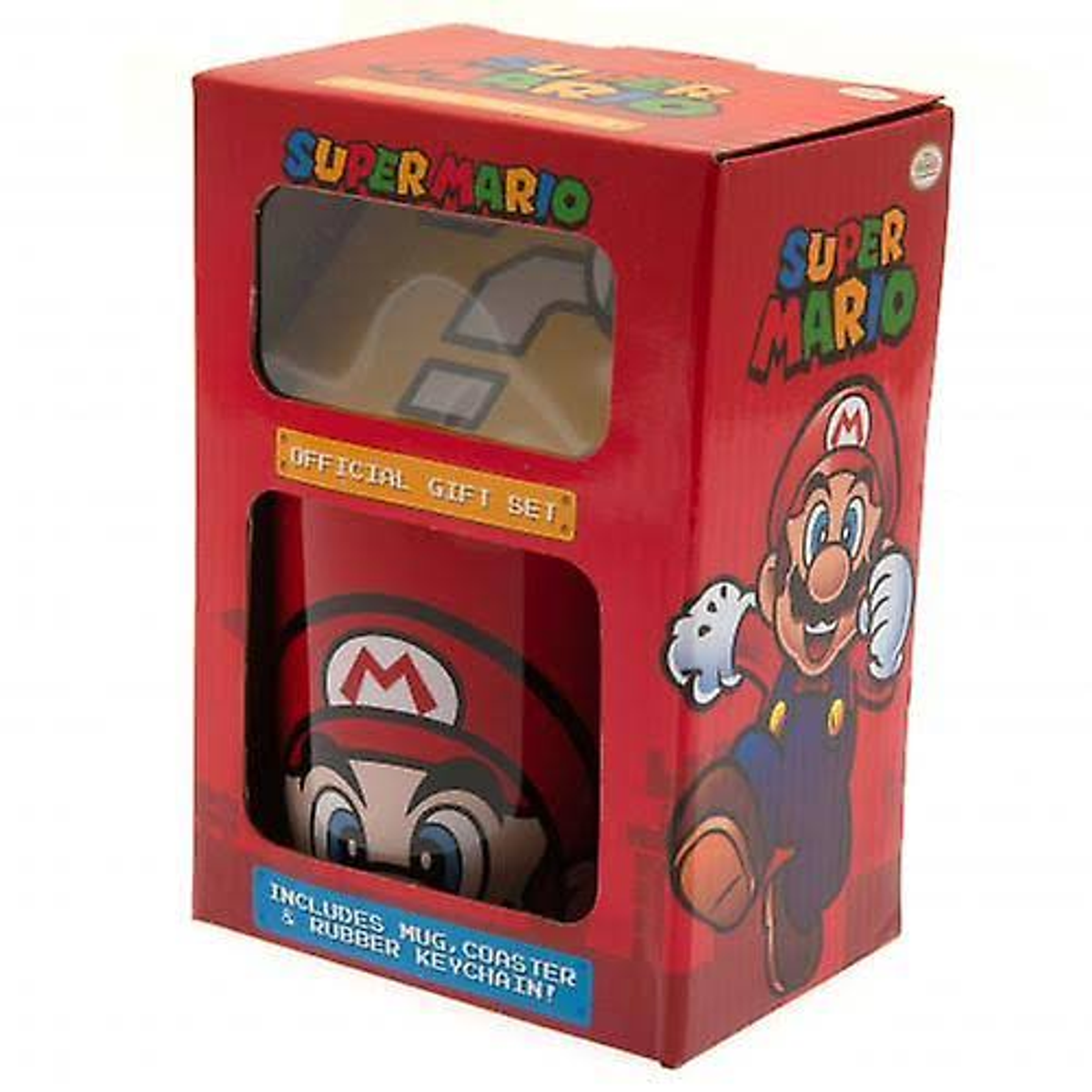 Juego de taza y posavasos de Super Mario en una caja de la marca Super Mario.