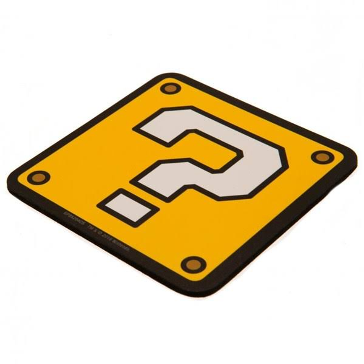 Cuadrado amarillo, borde negro, signo de interrogación blanco, con puntos marrones en las esquinas.