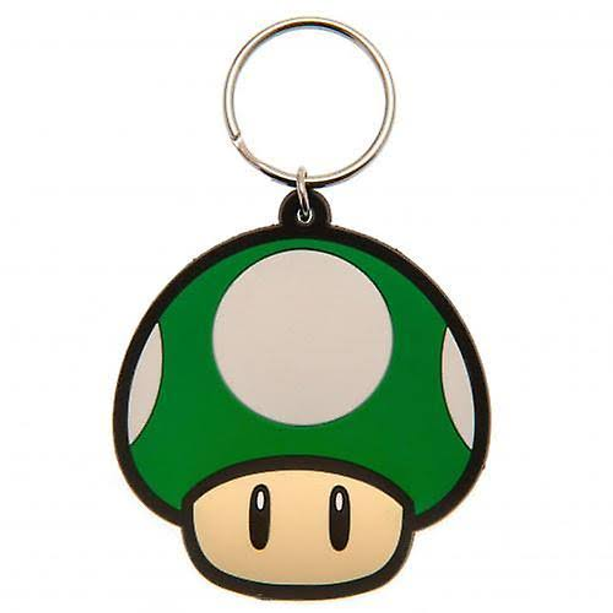 Llavero de hongo verde con lunares blancos y base beige.