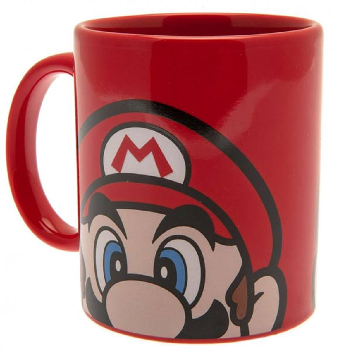 Taza roja con la imagen de la cara de Mario, un personaje de videojuego, en ella.