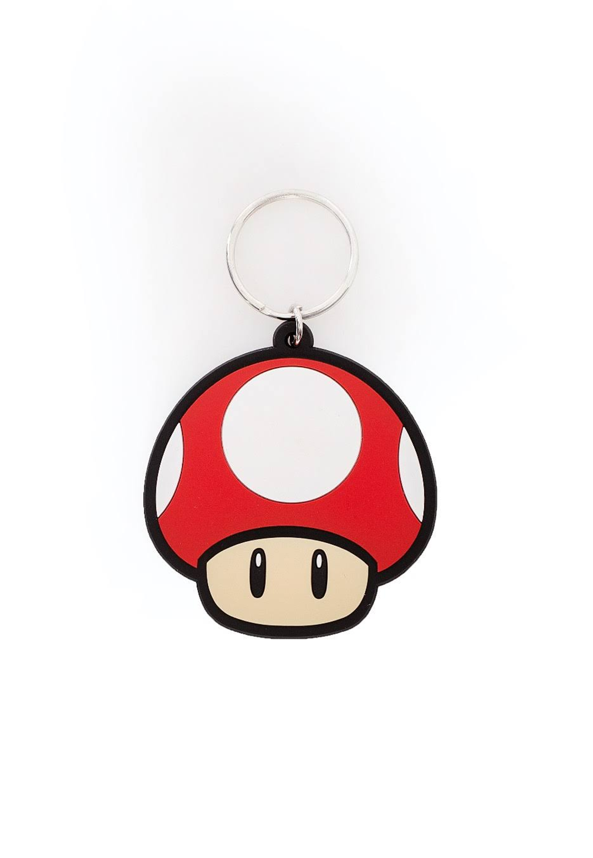 Llavero de hongo rojo y blanco con un anillo plateado, sobre un fondo blanco. Contorno negro.