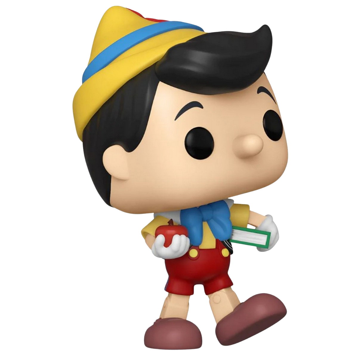 Statuetta di Pinocchio con mela e libro. Cappello giallo, papillon blu, pantaloncini rossi. Sfondo nero.
