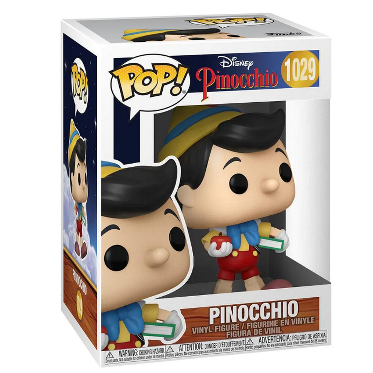 Personaggio di Pinocchio Funko Pop in una scatola, con un libro e una mela.